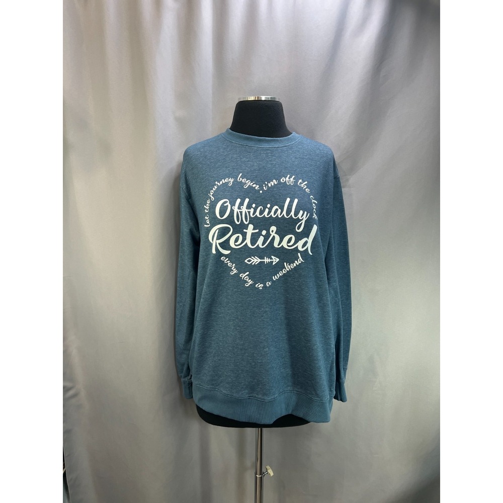 Officially Retired Let The Journey Begin Sweatshirt Womens L Slate Blue Graphic